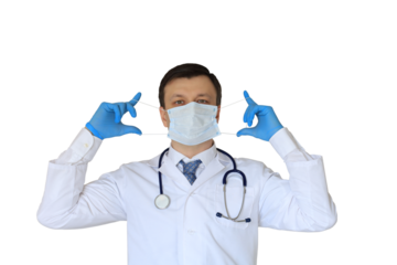 Female doctor in medical mask with stethoscope looking at camera isolated on a transparent background