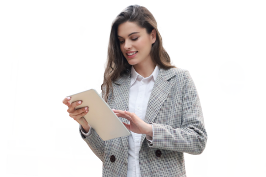 Young smiling businesswoman working on digital tablet on a transparent background