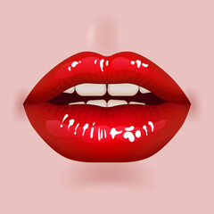 3D realistic, plump lips in a vibrant red color. These juicy and glossy lips exude sensuality and desire. Perfect for cosmetic, fashion, and romantic designs. Open mouth with teeth, lipstick promotion