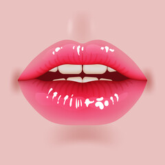 Beautiful 3D illustration of realistic lips with glossy red lipstick. Cute and glamorous female mouth, symbolizing beauty and sensuality. For cosmetic, fashion, and romantic