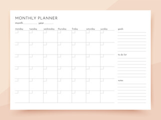 Monthly planner. Timetable for month with goals, to do list and notes. Vector illustration. Journal page template. Homework organizer. Simple schedule. Empty blank of diary. Paper size A4. 