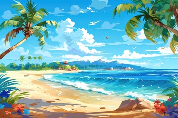 Obraz na płótnie Canvas Illustration background of a beach ocean sand and palm trees in summer vacation Generative AI