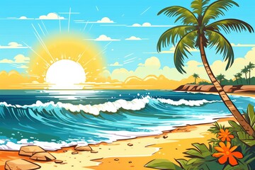 Illustration background of a beach ocean sand and palm trees in summer vacation sunset Generative AI