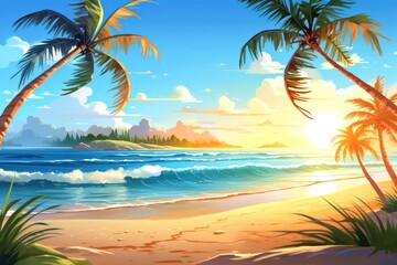 Fototapeta na wymiar Illustration background of a beach ocean sand and palm trees in summer vacation sunset Generative AI
