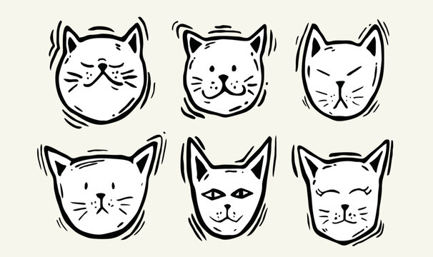 Hand drawn vector collection head of cat .Doodle cartoon style.