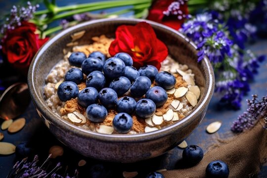A healthy oatmeal with blueberries and almonds super-food smoothie bowl Generative AI Illustration