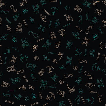 Vector abstract seamless pattern with skull, crossbones, pirate flag, swords and other nautical symbols. Vintage background with hand-drawn sketches, ink blots and stains.