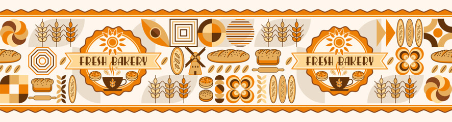 Bread, bakery themed horizontal border with label, icons, design elements in simple geometric style Seamless edging for branding, decoration of food package, cover design, decorative print - obrazy, fototapety, plakaty
