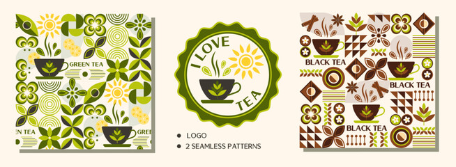 Logo, 2 tea themed seamless patterns for black and green tea. Icons, design elements in simple geometric style. Good for branding, decoration of food package, cover design, textile prints