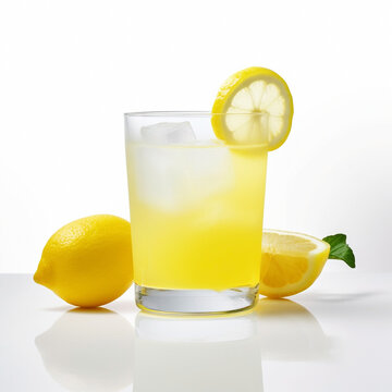 Cold yellow natural lemonade with ice cubes and lemon slices in a glass on a white background, Generative AI, generative artificial intelligence