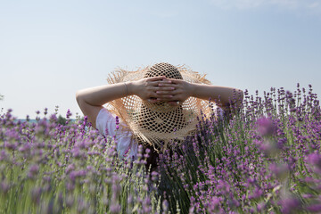 Woman in a straw hat is sitting on a lavender field and enjoying aromatherapy. Back view.