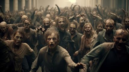 Crowd of zombies in a post-apocalyptic city zombie attack going forward - obrazy, fototapety, plakaty