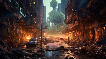 Cityscape of a post-apocalyptic city overwhelmed by fungus illustration - obrazy, fototapety, plakaty