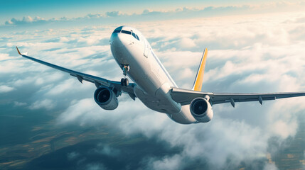 Fototapeta na wymiar Commercial plane in flight in the sky above clouds illustration