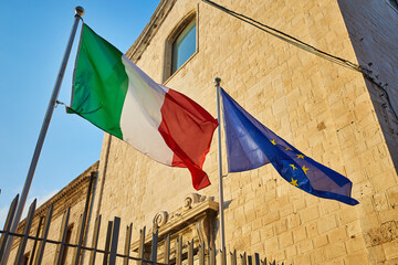 National flag of Italy and European Union EU - obrazy, fototapety, plakaty