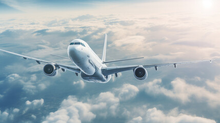 Fototapeta na wymiar Commercial plane in flight in the sky above clouds illustration