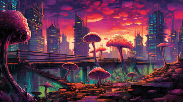 Cityscape of a post-apocalyptic city overwhelmed by fungus illustration