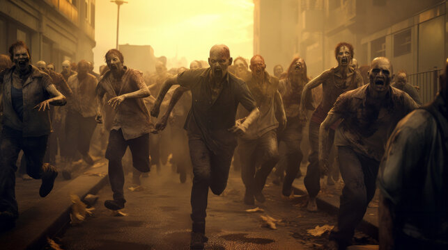 Crowd of zombies in a post-apocalyptic city zombie attack going forward