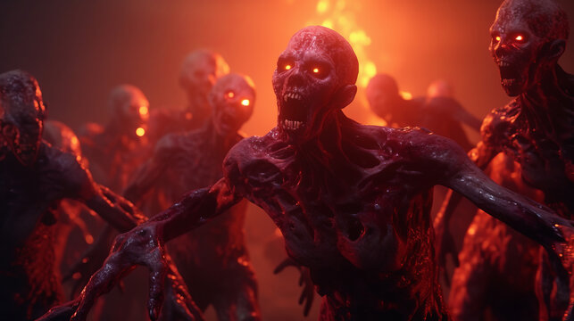 Crowd of zombies in a post-apocalyptic city red zombie attack going forward