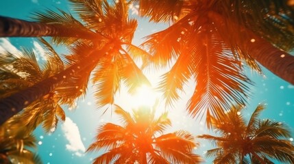 a group of palm trees with the sun shining through them. Generative AI Art.