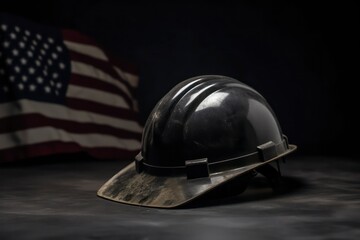 Construction and manufacturing tools with patriotic US, USA, American flag on dark black with copy space background. Generative AI