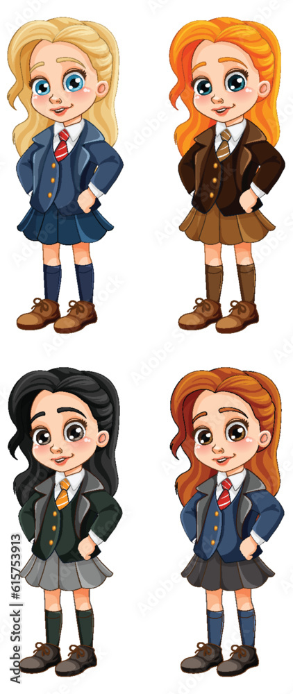 Wall mural cute girl student in school uniform set