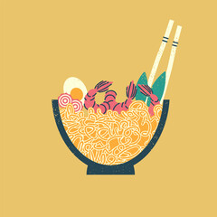 Stylish retro illustration with ramen. Traditional Japanese noodle soup. Cuisine of Asia. Vector print, postcard, poster, design.