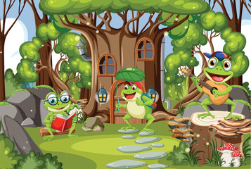 Naklejka premium Cartoon Frogs in the Forest