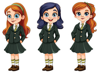 Cute girl in different races student in uniform set