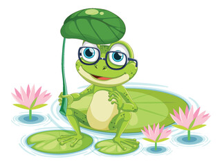 Green Frog Cartoon Character Holding Leaf Umbrella