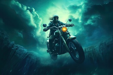 Fototapeta na wymiar Old Man Riding Motorcycle: Turquoise Sky and Biker Style, Generated AI