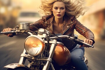 Fototapeta na wymiar Woman Riding Motorcycle with Wind-Blown Hair, Pretty Face on Road with Blurred Car Background, Generated AI