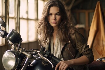 Obraz na płótnie Canvas Beautiful Young Woman Posing on Motorcycle: Brunette, Advertisement, Styling, American, Model, Fashion, Garage, Generated AI