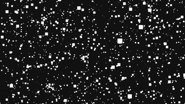Flying particles through space, square shapes, abstract background 