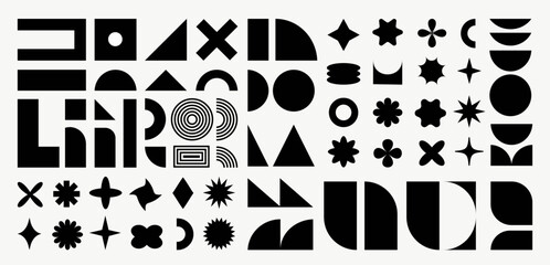 Brutalist abstract shapes, minimalist geometric elements, abstract bauhaus forms. Bauhaus design. Simple star, flower, oval, circle, and other primitive basic form. Swiss design aesthetic. Vector set.