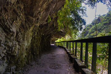 Shakadang hiking trail at the Taroko National Park Taiwan. The protected mountain forest landscape named after the landmark Taroko Gorge, carved by the Liwu River. Taiwan natural wonders and heritage.