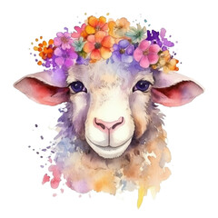 Cute sheep with a flower, watercolor illustration. Generative ai