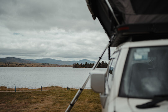 View over Lake Jindabyne while camping on overcast day