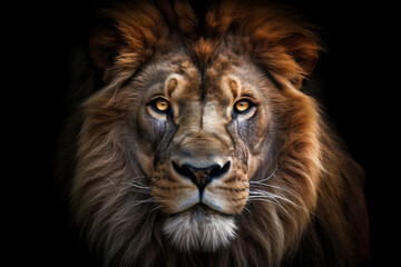 Portrait of a male lion on a black background. Close-up. (Ai generated)