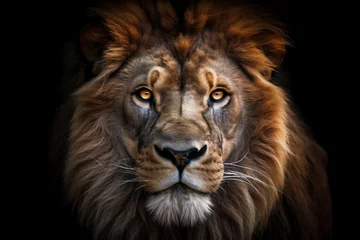 Foto auf Acrylglas Antireflex Portrait of a male lion on a black background. Close-up. (Ai generated) © Soeren