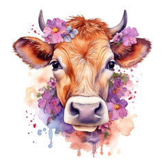 Cute cow with a flower, watercolor illustration. Generative ai