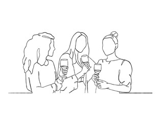 Continuous one line drawing of people cheering glasses of wine. Vector illustration.