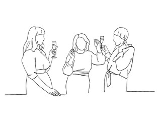 Continuous one line drawing of people cheering glasses of wine. Vector illustration.