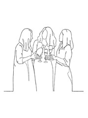 Continuous one line drawing of people cheering glasses of wine. Vector illustration.