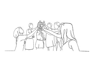 Continuous one line drawing of people cheering glasses of wine. Vector illustration.