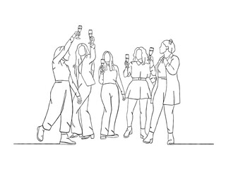Continuous one line drawing of people cheering glasses of wine. Vector illustration.