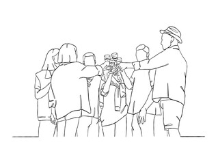 Continuous one line drawing of people cheering glasses of wine. Vector illustration.