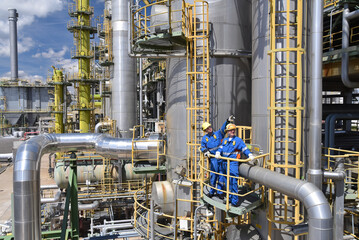 Workers in work clothes in a rafinery - modern equipment and buildings of the factory for production of fuel and gas from petroleum