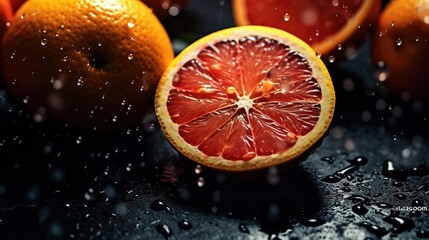 a half of a grapefruit with water drops on it. Generative AI Art.