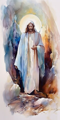 Jesus Christ in snow-white clothes, watercolor illustration of the Resurrection of Christ